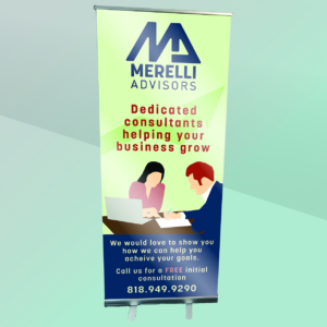 Large Custom Banner with Stand, Retractable. Color printing. Case Included - FoldersandEnvelopes.com